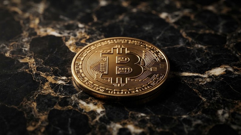 Финансовый скачок: биткоин поднялся выше 70 000 долларов Золотая монета биткоина на темном мраморном столе