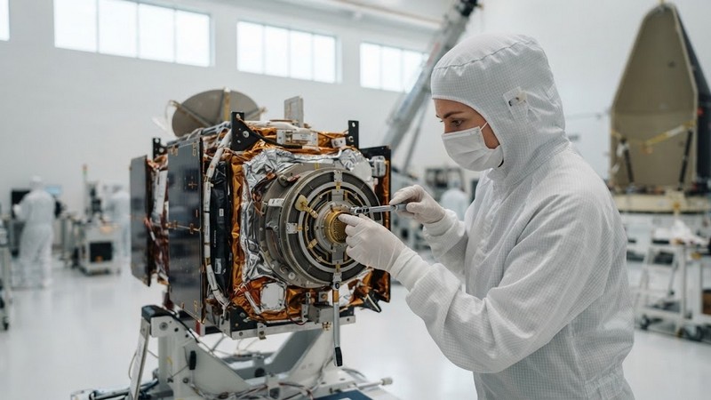 Космическая программа Токио: Ракета H3 успешно доставила на орбиту навигационный спутник Инженер в защитном костюме проверяет оборудование спутника перед запус