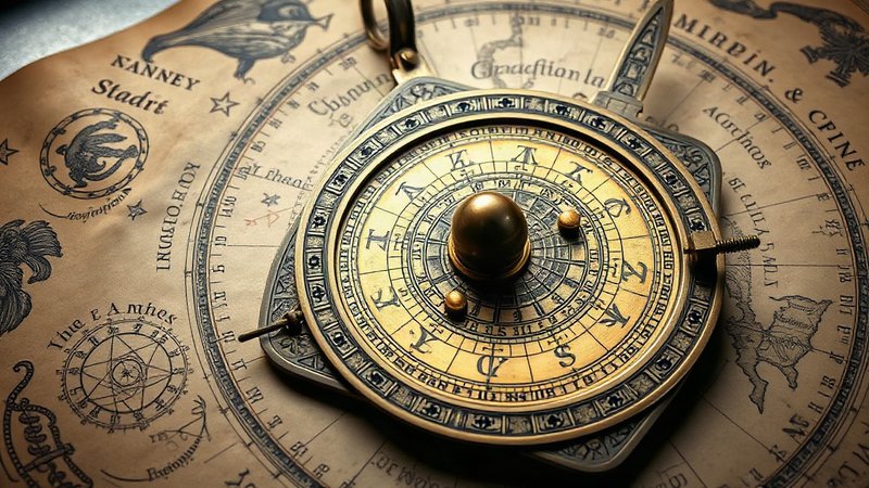 Лабиринты удачи и компас смелых авантюр Старинная астролябия со сложными кольцами на фоне карты созвездий