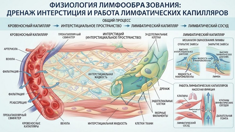 Физиология лимфообразования: дренаж интерстиция и работа лимфатических капилляров Прозрачные утренние росинки выстроены идеальной цепочкой на зеленом ст