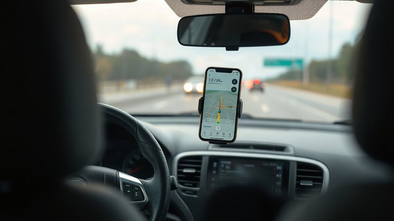 Организация поездок на междугородних попутках: BlaBlaCar, безопасность и экономия Современный смартфон с открытой картой маршрута закреплен на магнитно-