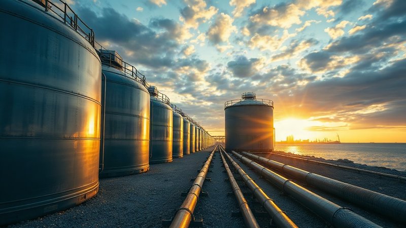 Скачок цен на черное золото: марка Brent подорожала до 105,65 доллара из-за ближневосточных рисков Промышленные резервуары для хранения нефти на побережье в лучах заходя