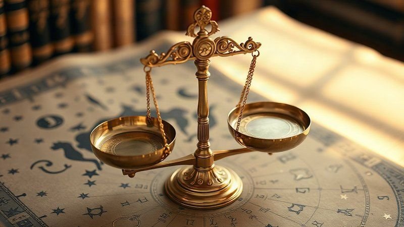 Космические перекрестки судьбы и шепот осеннего вдохновения Золотые астрологические весы на фоне небесной карты